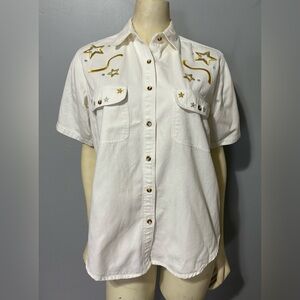 Vintage Rosettes Button Up Shirt Women's Embroidered western Short Sleeve SZ M